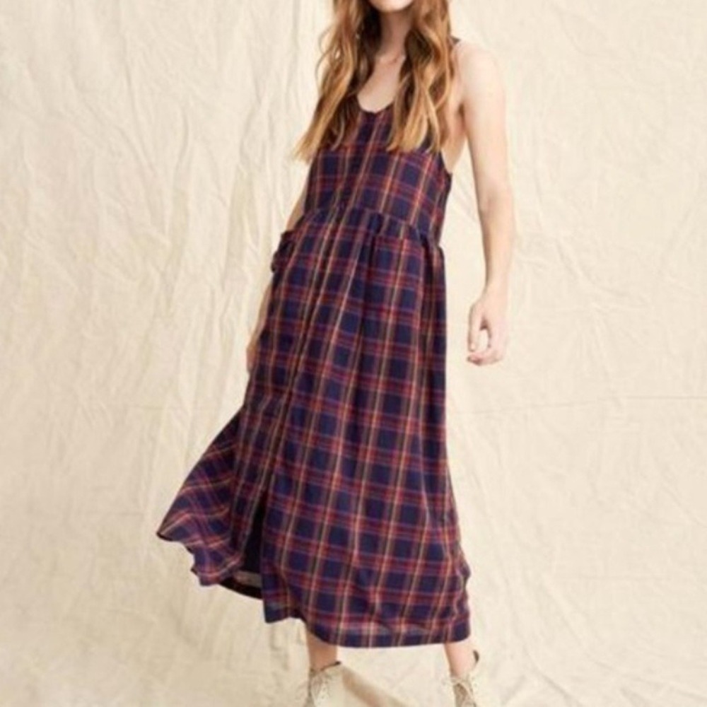 THE GREAT. The Harvest Dress Plaid Maxi Dress Sleeveless Button Cotton Size XS 0